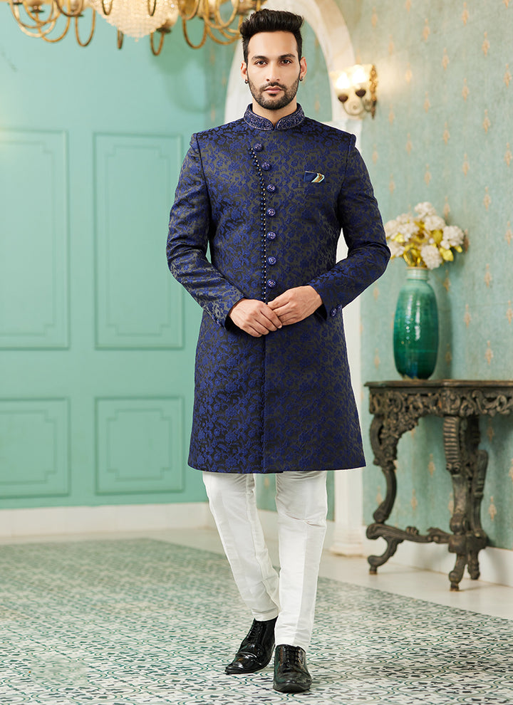 Blue Jacquard Silk Wedding Wear Hand Work IndoWestern