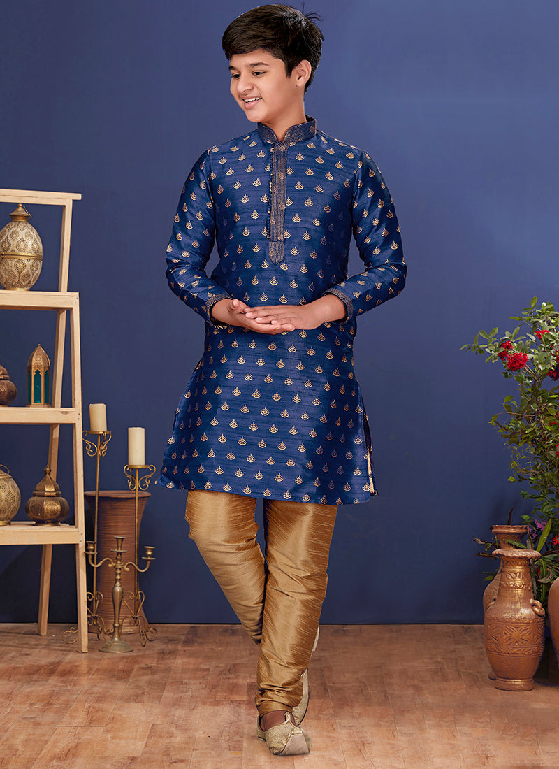 Jacquard Silk Blue Wedding Wear Weaving Readymade Kurta Pajama