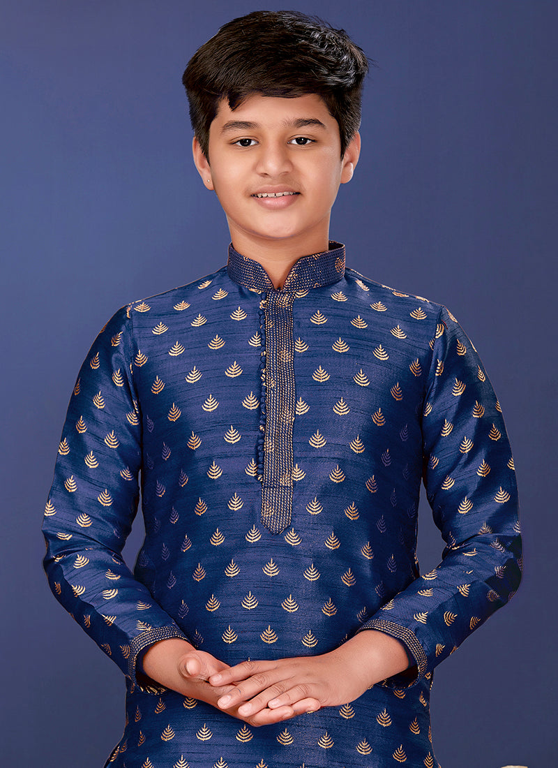 Jacquard Silk Blue Wedding Wear Weaving Readymade Kurta Pajama