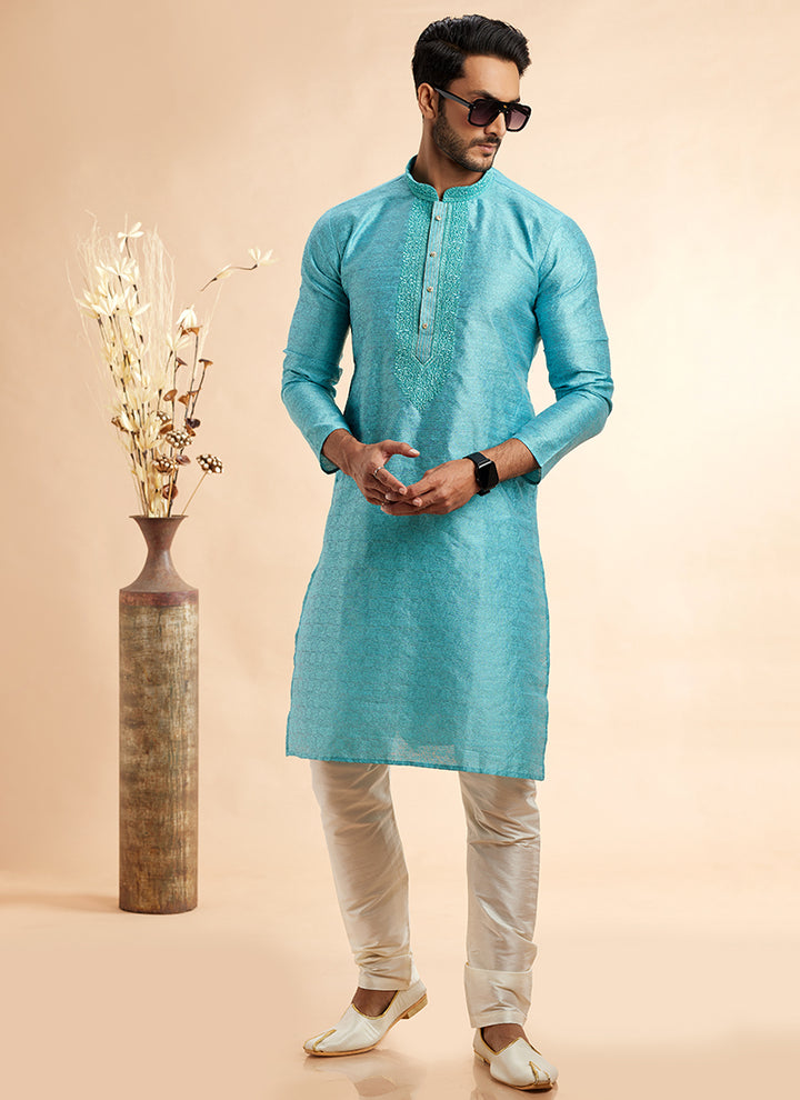 Jacquard Art Silk Blue Festival Wear Machine Work Readymade Kurta Pajama