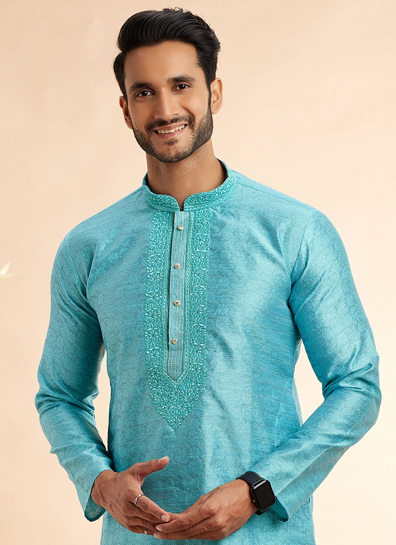 Jacquard Art Silk Blue Festival Wear Machine Work Readymade Kurta Pajama