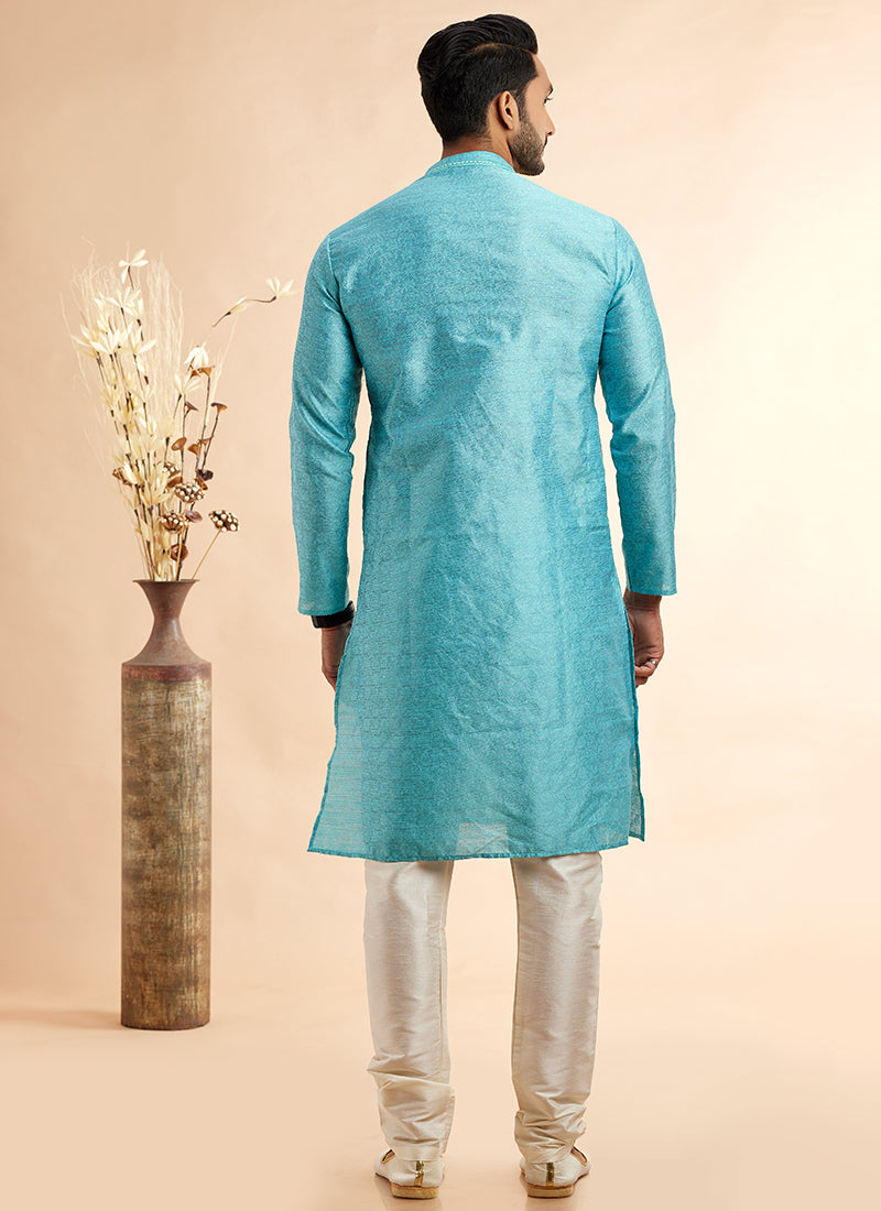 Jacquard Art Silk Blue Festival Wear Machine Work Readymade Kurta Pajama