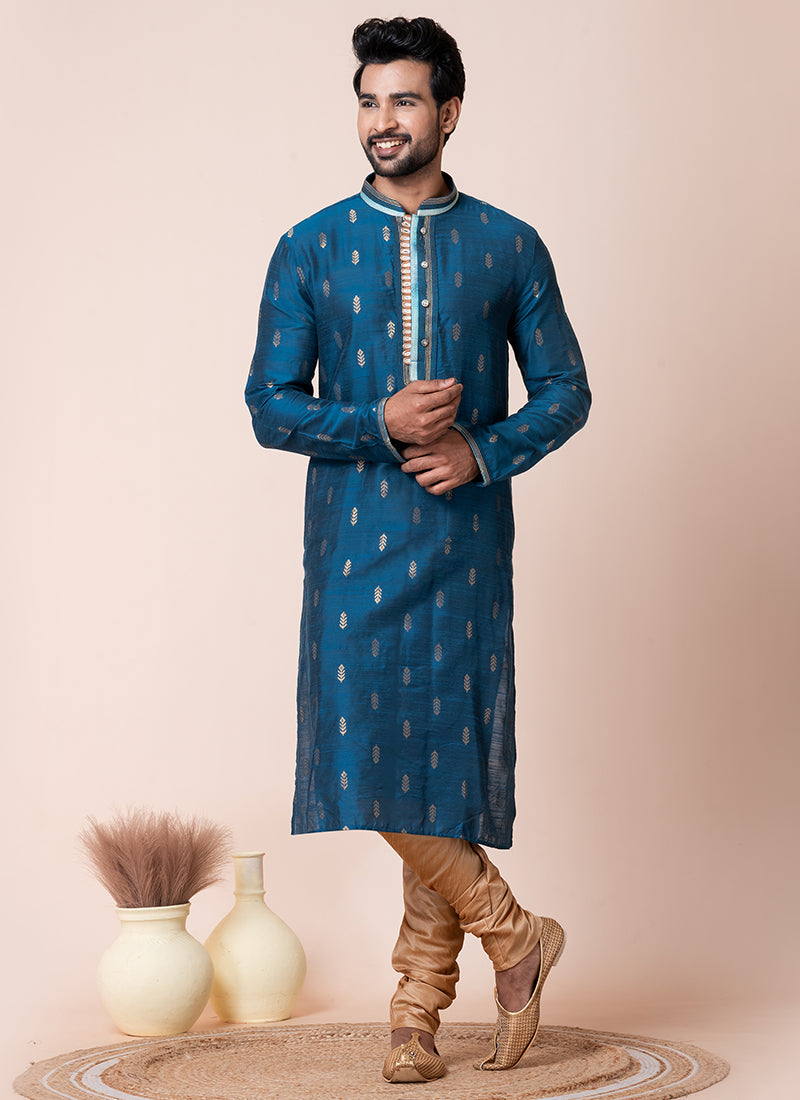 Jacquard Silk Blue Festival Wear Printed Readymade Kurta Pajama