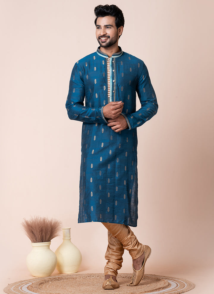 Jacquard Silk Blue Festival Wear Printed Readymade Kurta Pajama
