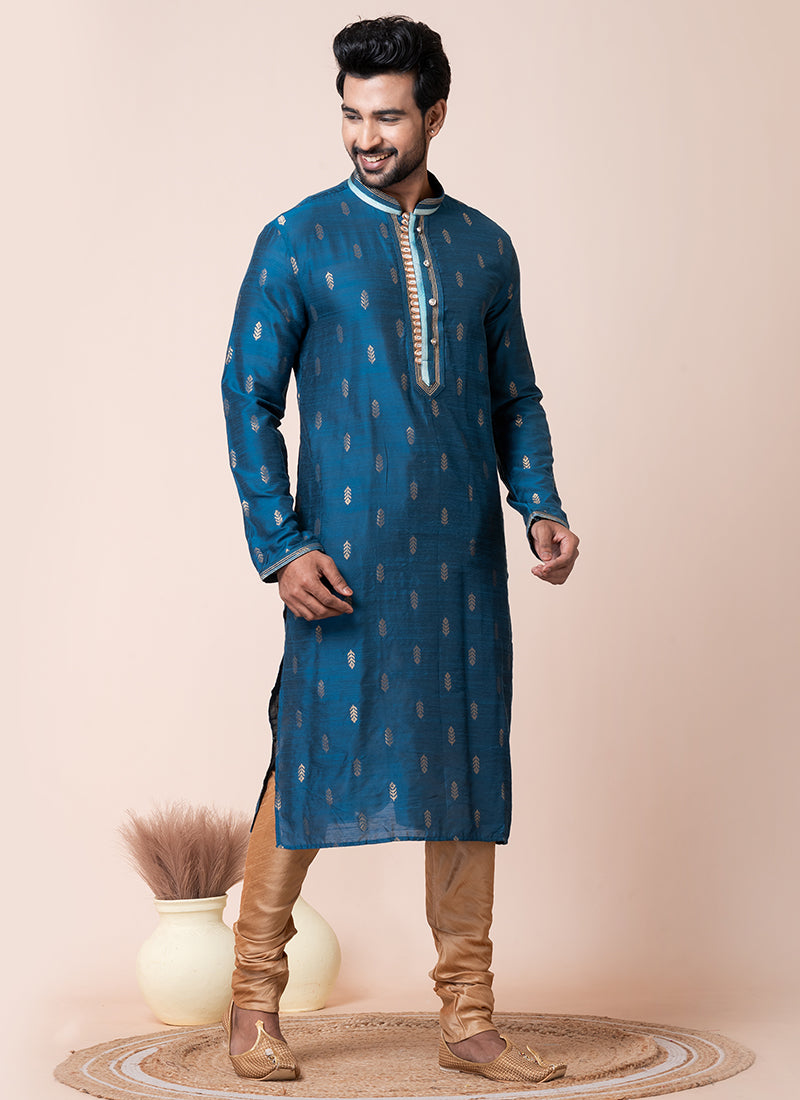 Jacquard Silk Blue Festival Wear Printed Readymade Kurta Pajama