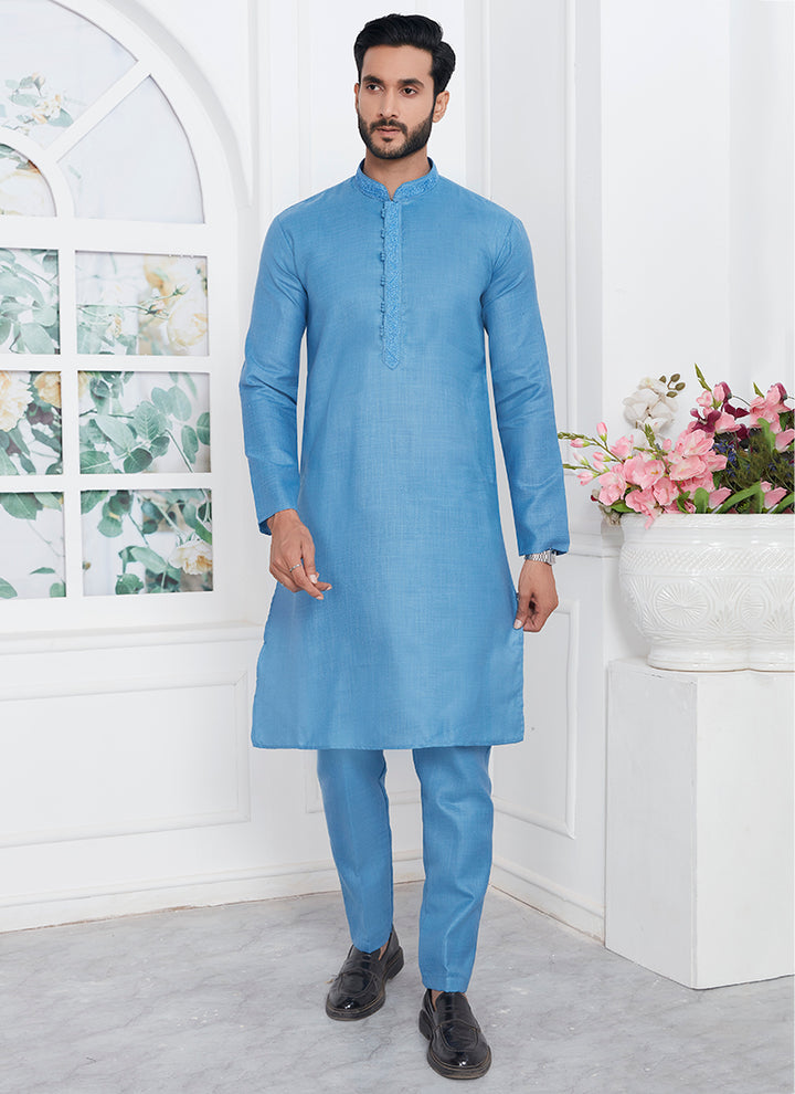Linen Cotton Blue Traditional Wear Thread Work Kurta Pajama