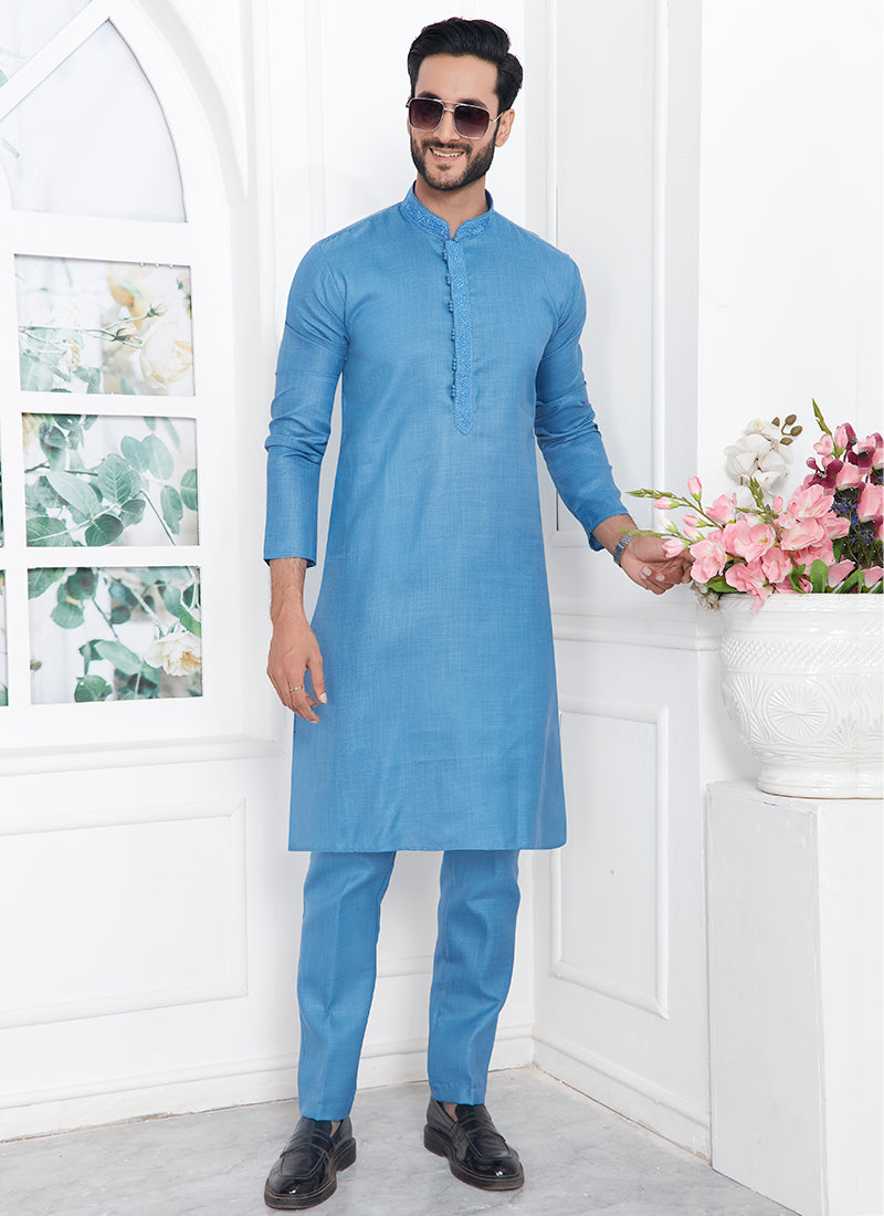 Linen Cotton Blue Traditional Wear Thread Work Kurta Pajama