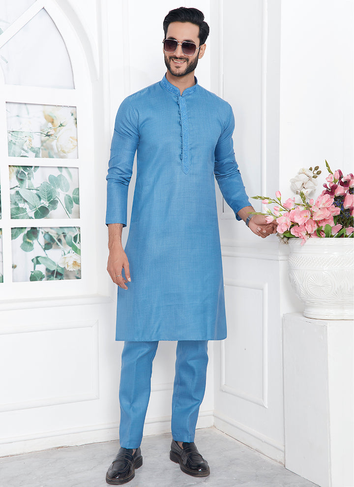 Linen Cotton Blue Traditional Wear Thread Work Kurta Pajama