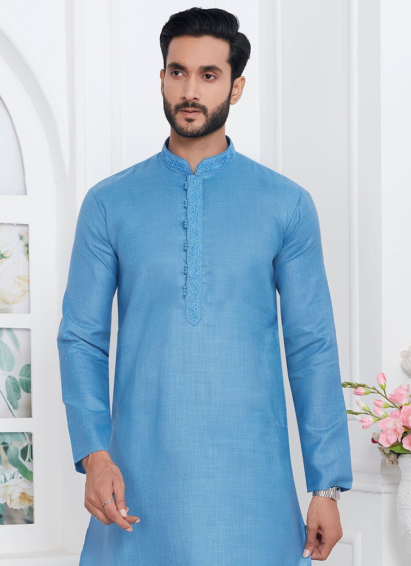 Linen Cotton Blue Traditional Wear Thread Work Kurta Pajama