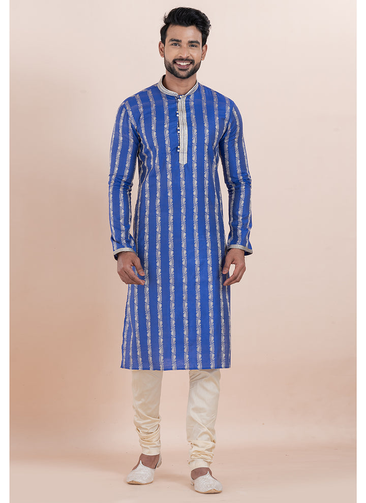 Silk Blue Ceremonial Wear Jacquard Work Readymade Kurta Pajama