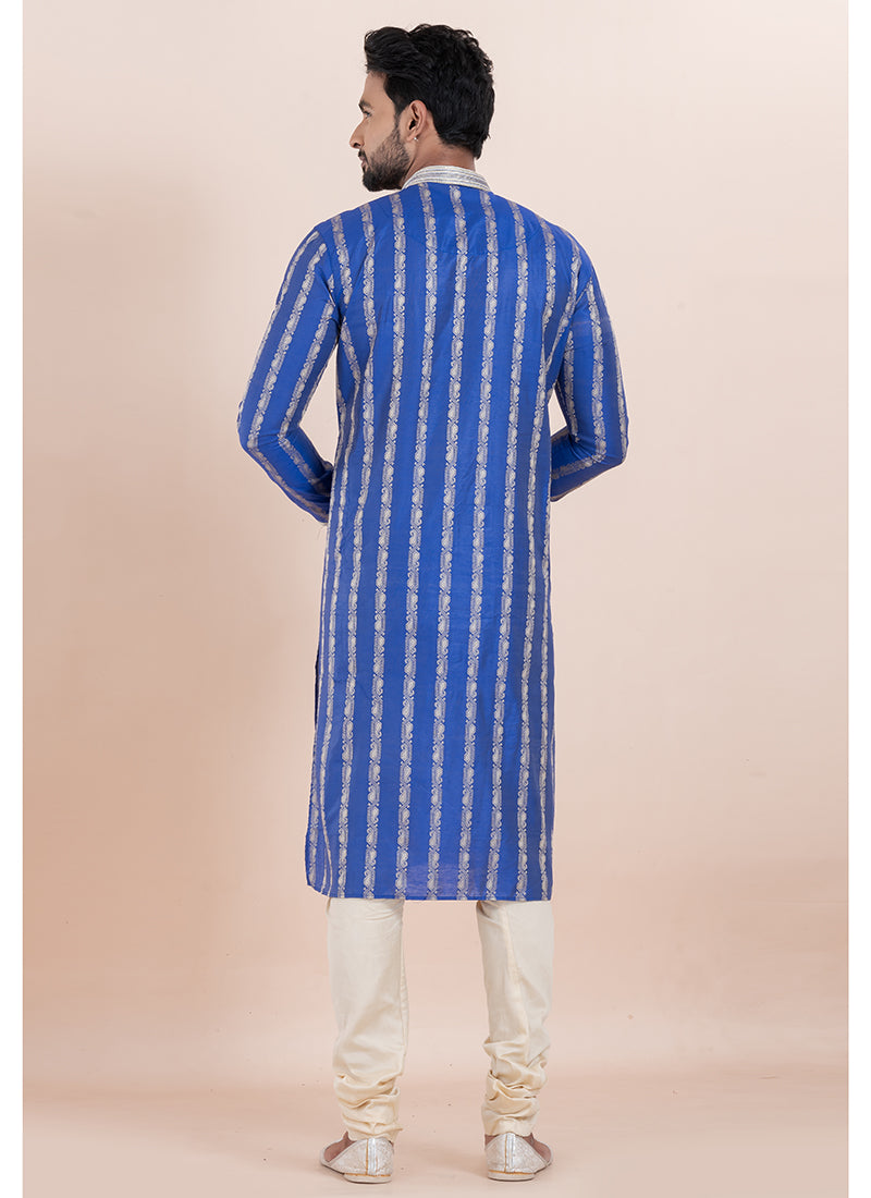 Silk Blue Ceremonial Wear Jacquard Work Readymade Kurta Pajama
