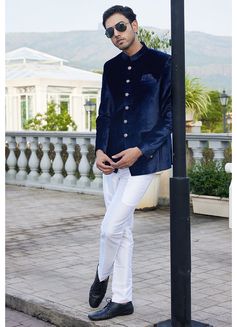 Velvet Blue Party Wear Thread Work Readymade Jodhpuri Suit(Top Only)