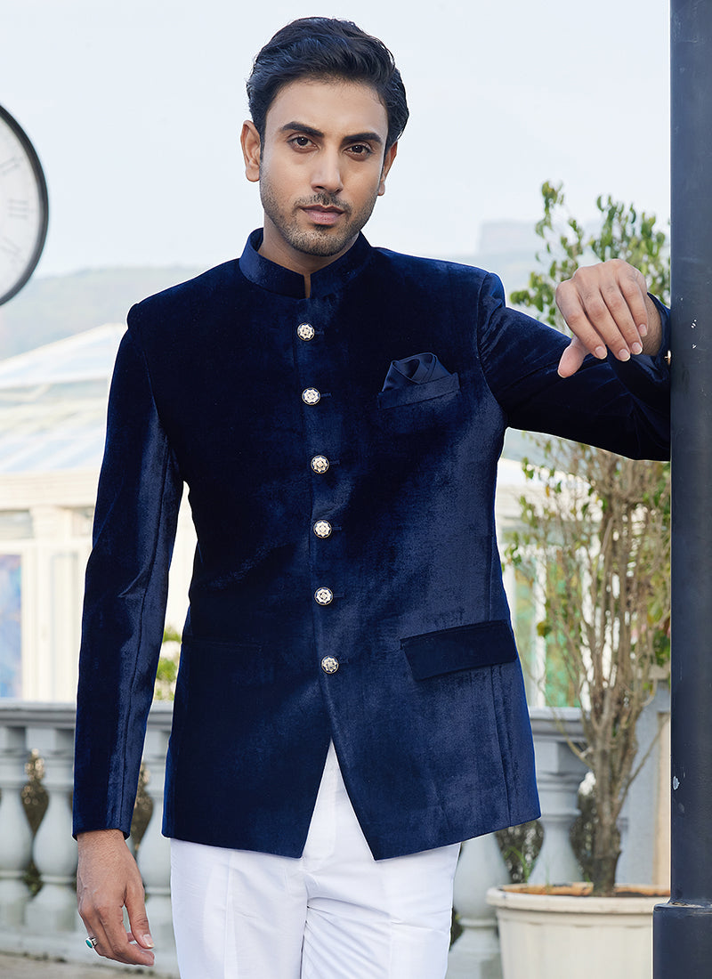 Velvet Blue Party Wear Thread Work Readymade Jodhpuri Suit(Top Only)