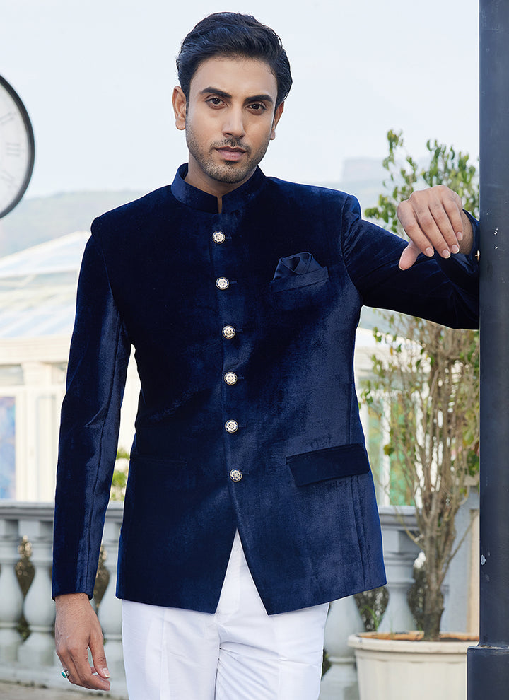 Velvet Blue Party Wear Thread Work Readymade Jodhpuri Suit(Top Only)