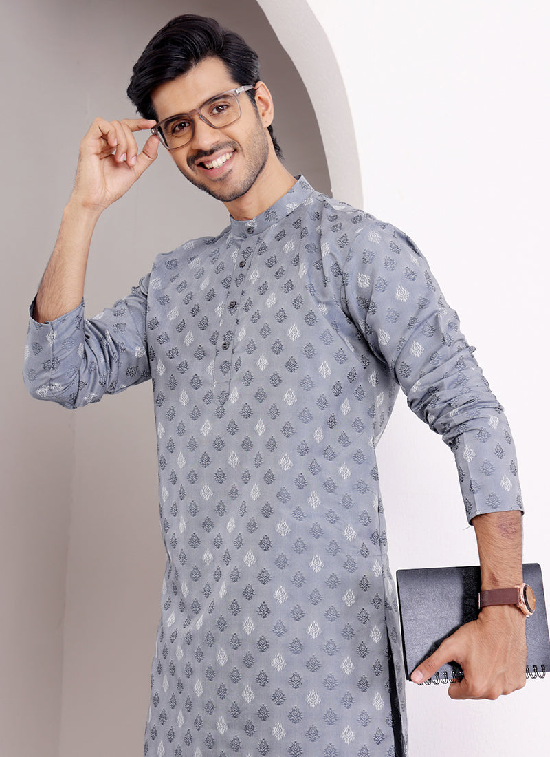 Viscose Blue Ceremonial Wear Weaving  Readymade Kurta