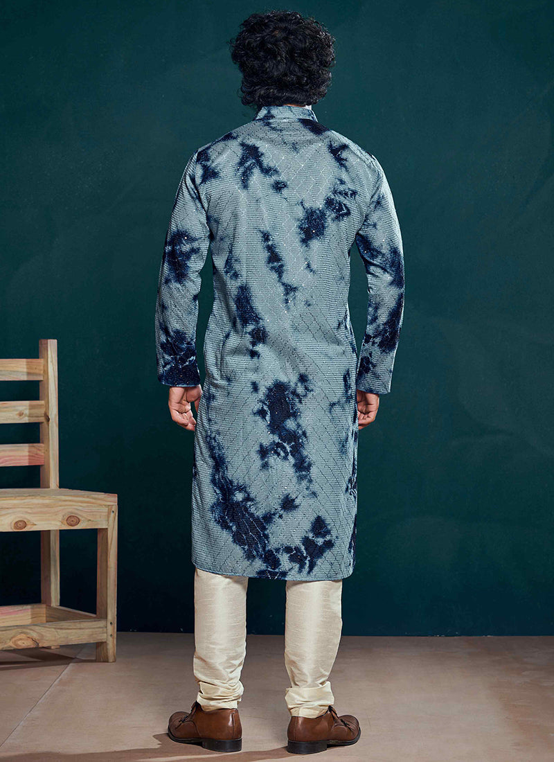 Viscose Blue Eid Wear Embroidery Work Readymade Kurta Pajama