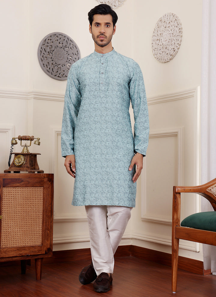 Viscose Blue Festival Wear Jacquard Work Readymade Kurta Pajama