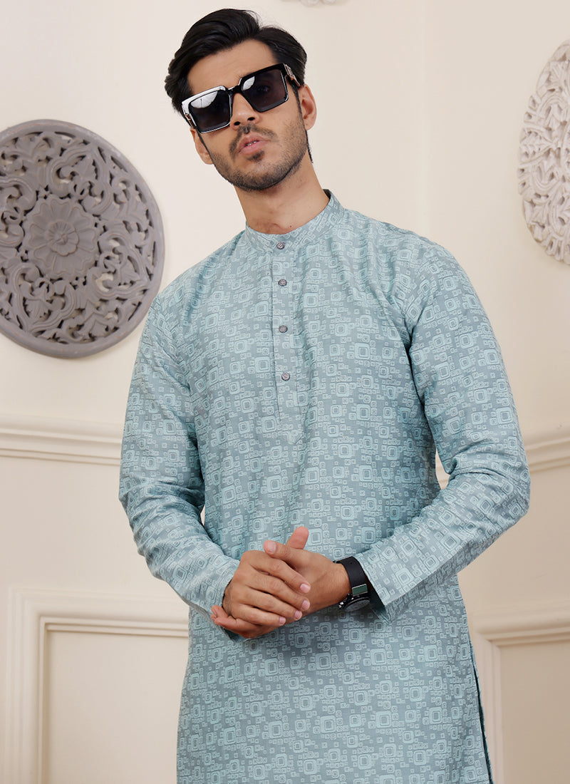Viscose Blue Festival Wear Jacquard Work Readymade Kurta Pajama
