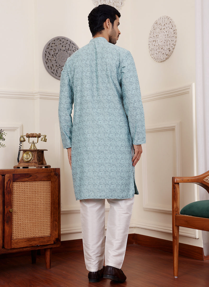Viscose Blue Festival Wear Jacquard Work Readymade Kurta Pajama