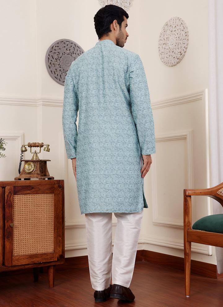 Viscose Blue Festival Wear Jacquard Work Readymade Kurta Pajama