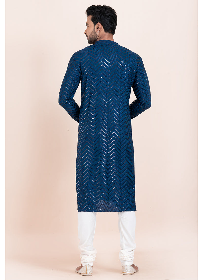 Viscose Rayon Blue Eid Wear Sequins Work Readymade Kurta Pajama