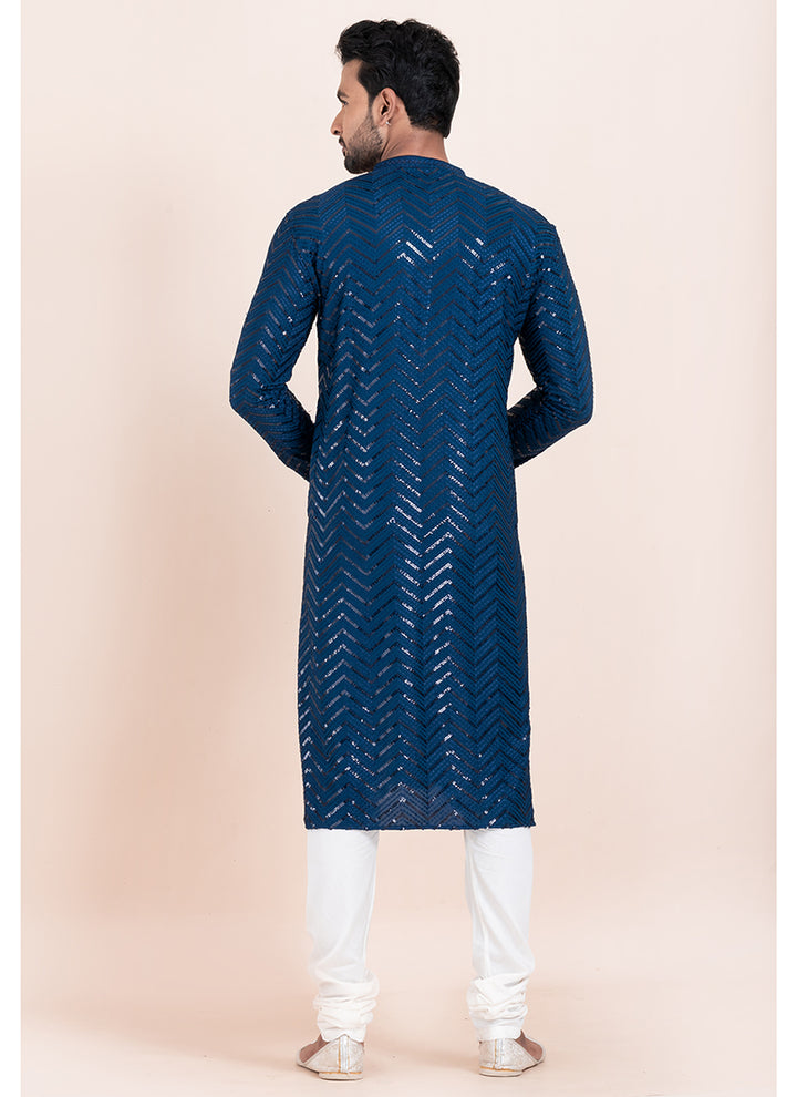 Viscose Rayon Blue Eid Wear Sequins Work Readymade Kurta Pajama