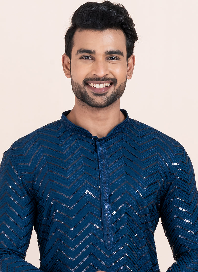Viscose Rayon Blue Eid Wear Sequins Work Readymade Kurta Pajama