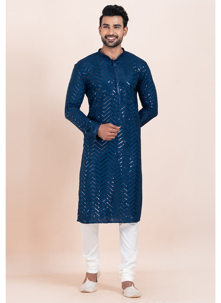 Viscose Rayon Blue Eid Wear Sequins Work Readymade Kurta Pajama