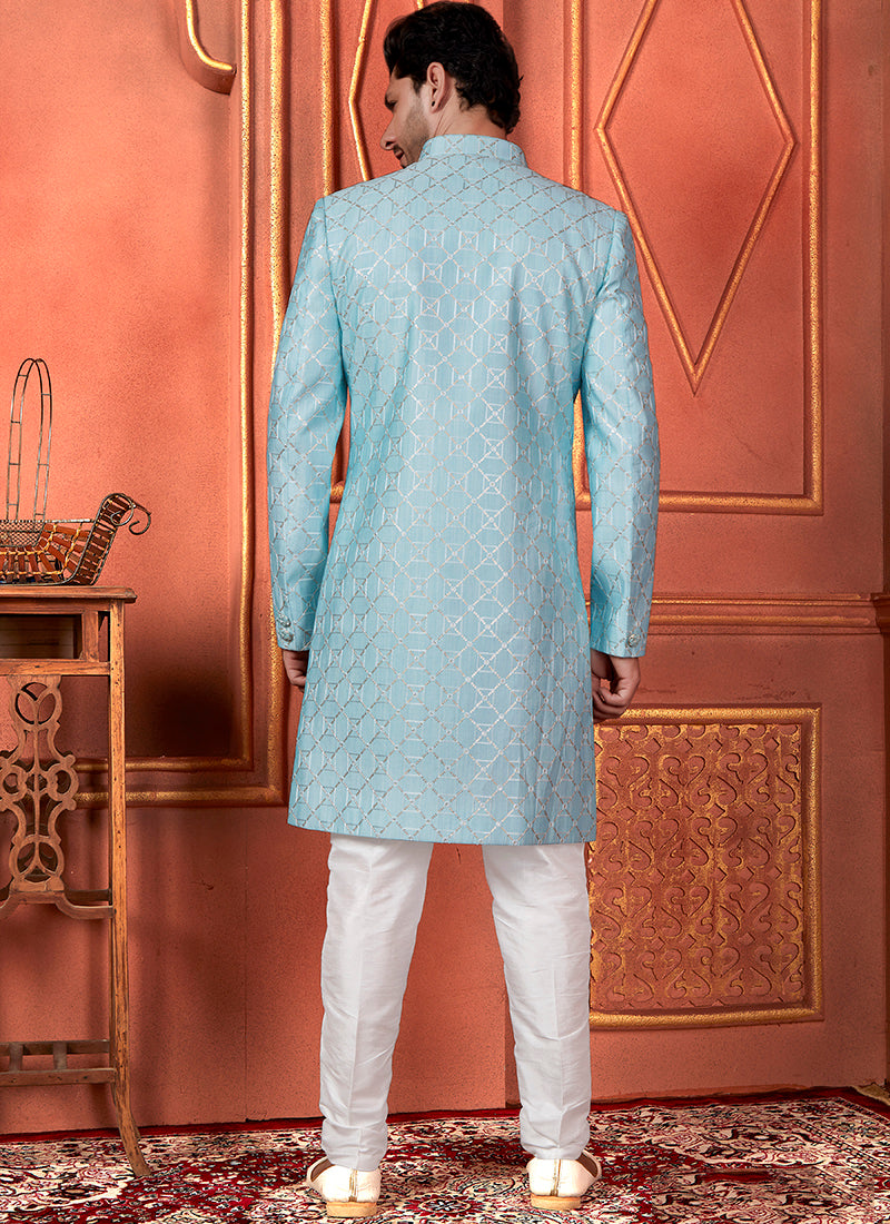 Silk Blue Wedding Wear Computer Thread Readymade Sherwani Set