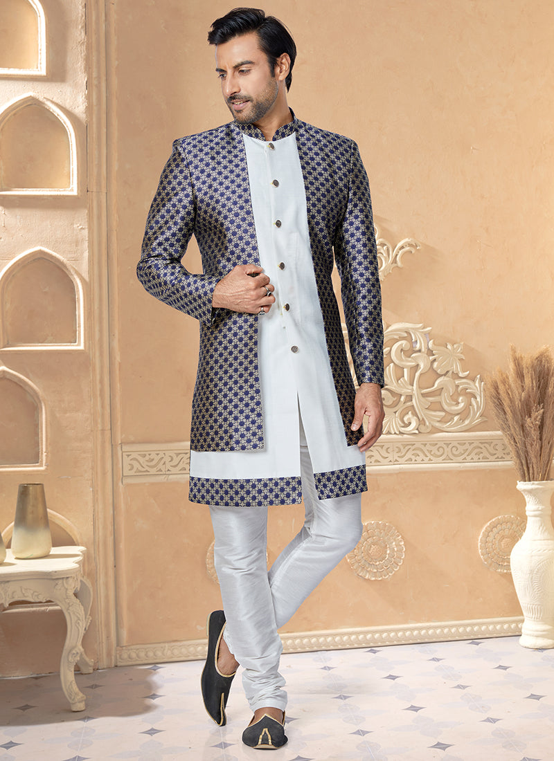 Blue White Jacquard Silk Banarasi Dhupion Wedding Wear Embroidery Work Mens Indo Western