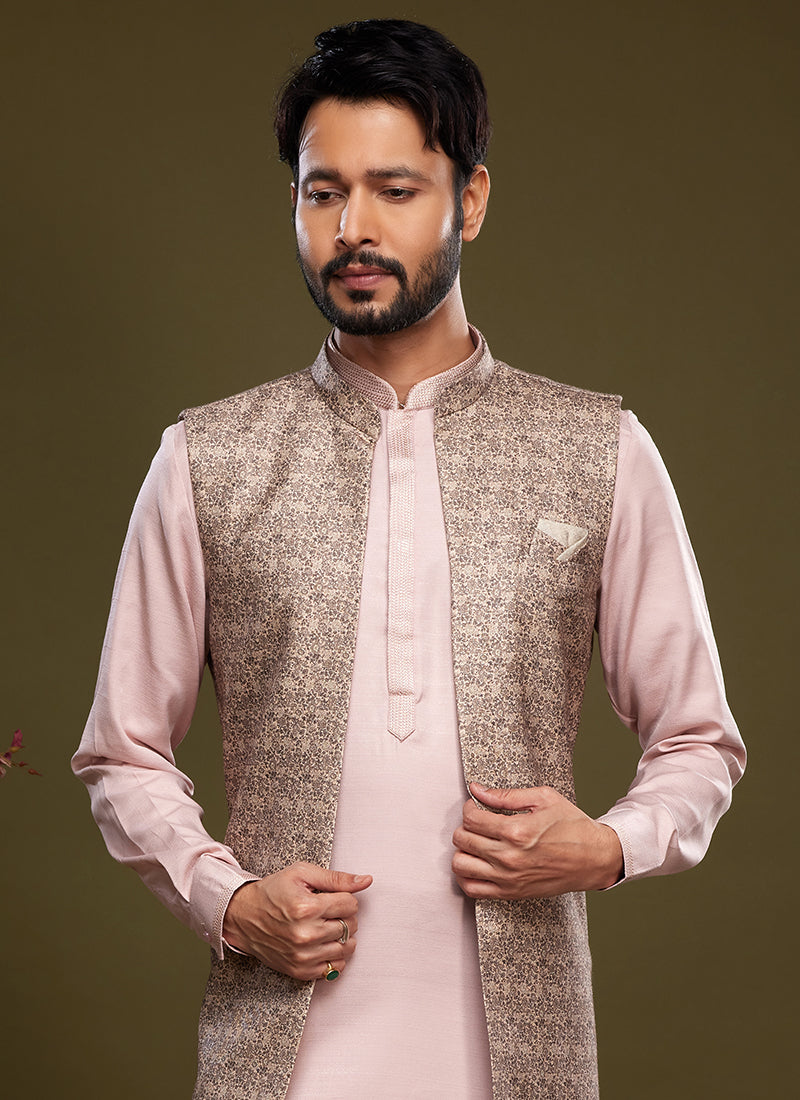 Brown Art Banarasi Silk Festival Wear Digital Printed Kurta Pajama With Jacket