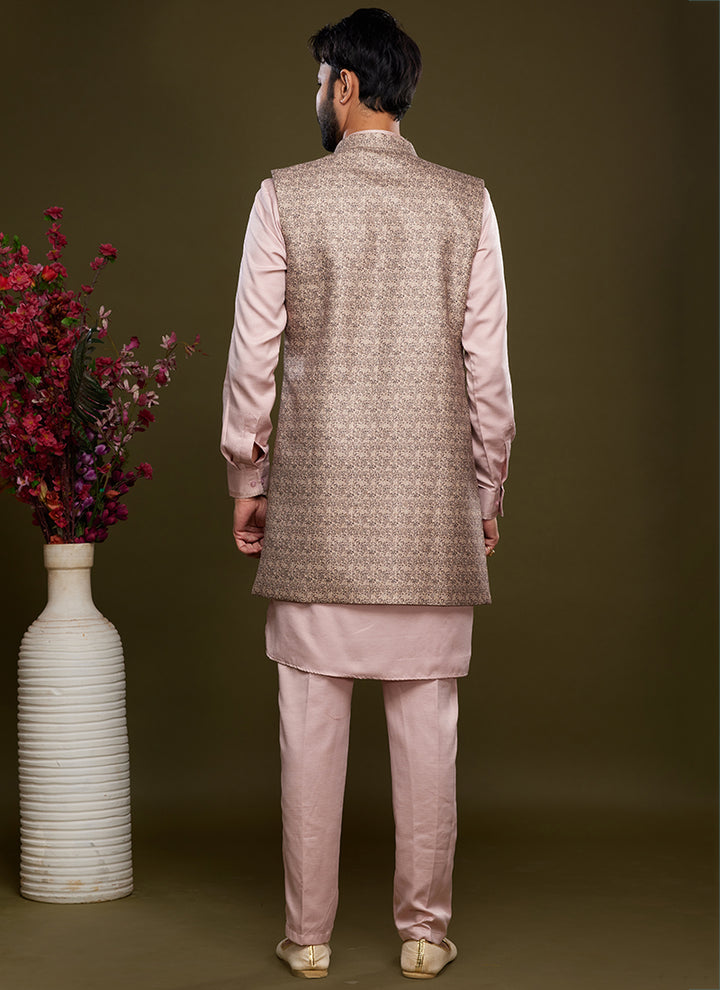 Brown Art Banarasi Silk Festival Wear Digital Printed Kurta Pajama With Jacket