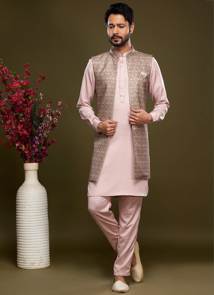 Brown Art Banarasi Silk Festival Wear Digital Printed Kurta Pajama With Jacket