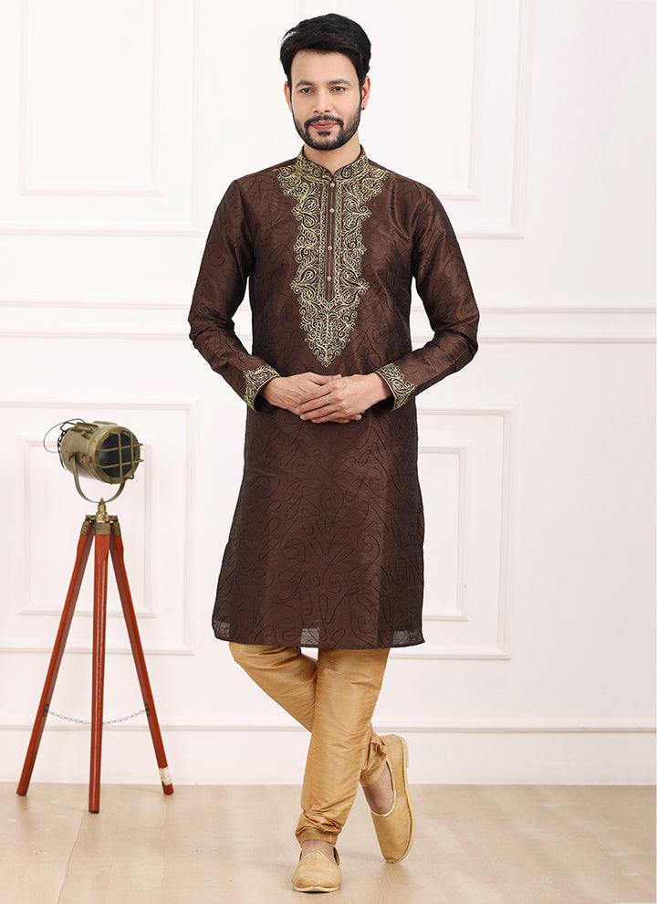 Brown Art Banarasi Silk Festival Wear Thread Work Kurta Pajama