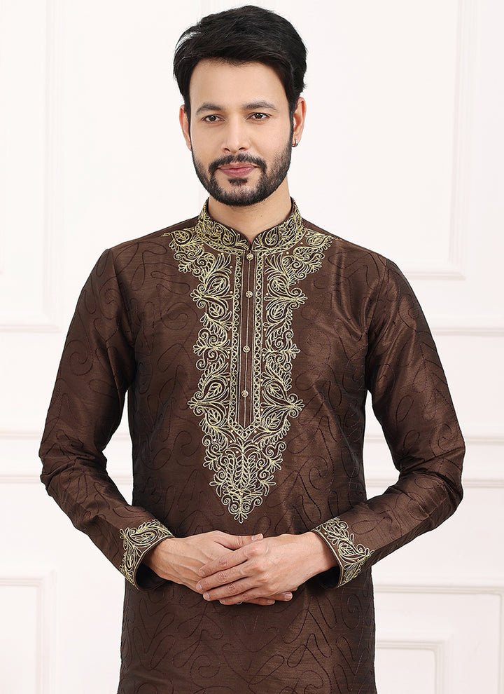 Brown Art Banarasi Silk Festival Wear Thread Work Kurta Pajama
