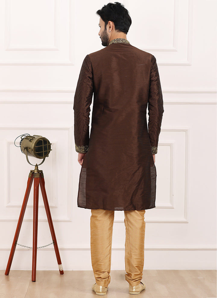 Brown Art Banarasi Silk Festival Wear Thread Work Kurta Pajama