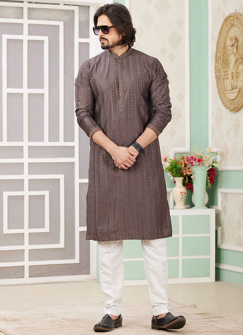 Art Silk Brown Festival Wear Thread Work Readymade Kurta Pajama