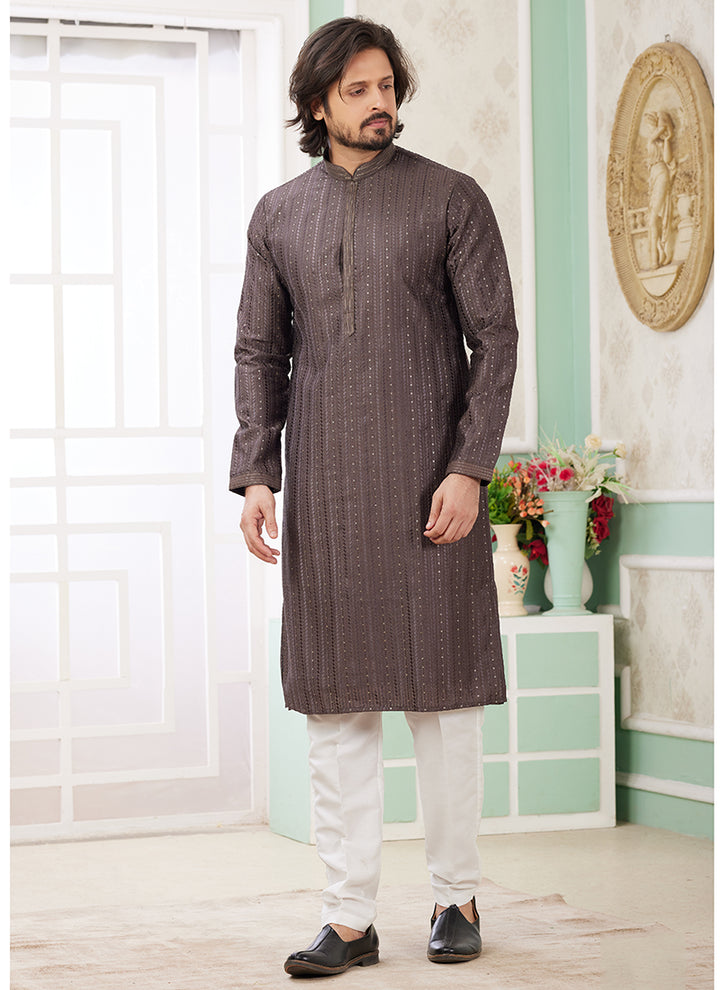 Art Silk Brown Festival Wear Thread Work Readymade Kurta Pajama