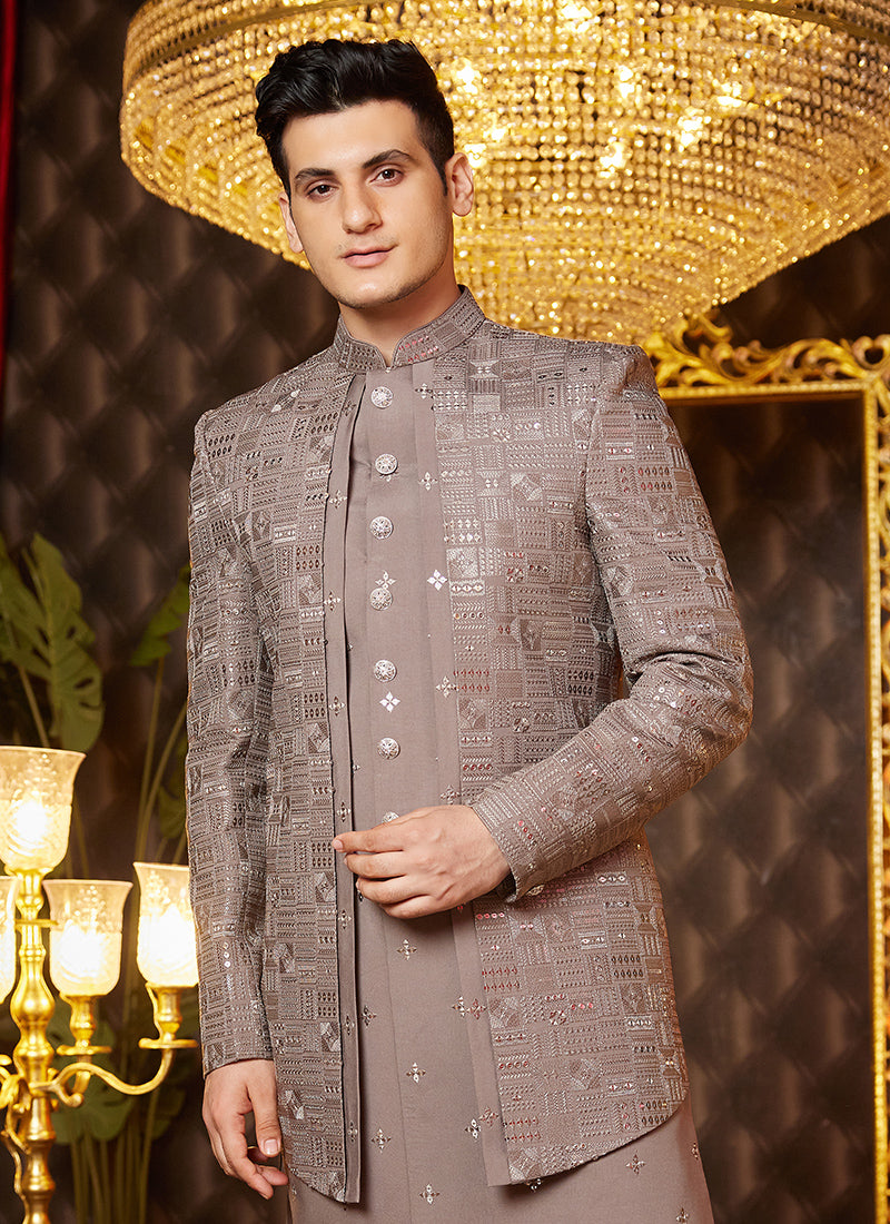 Art Silk Brown Wedding Wear Thread Work Readymade Indo Western Sherwani