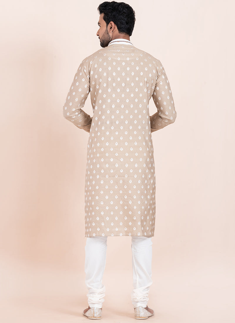 Cotton Brown Festival Wear Jacquard Work Readymade Kurta Pajama