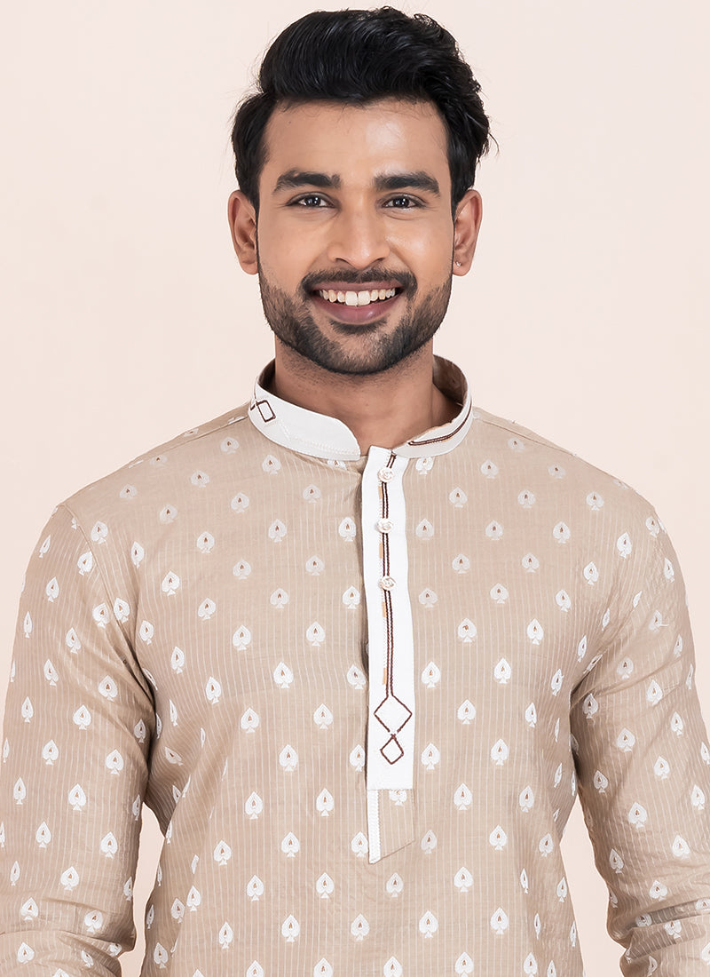 Cotton Brown Festival Wear Jacquard Work Readymade Kurta Pajama