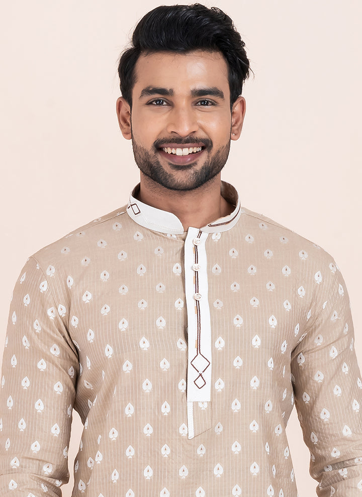 Cotton Brown Festival Wear Jacquard Work Readymade Kurta Pajama