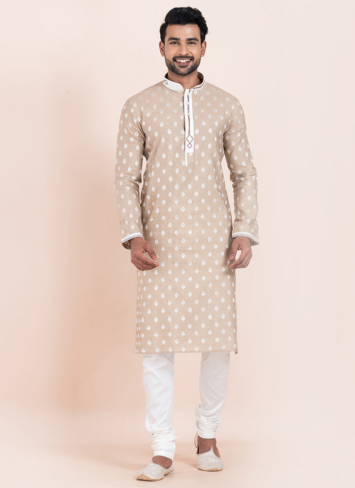 Cotton Brown Festival Wear Jacquard Work Readymade Kurta Pajama