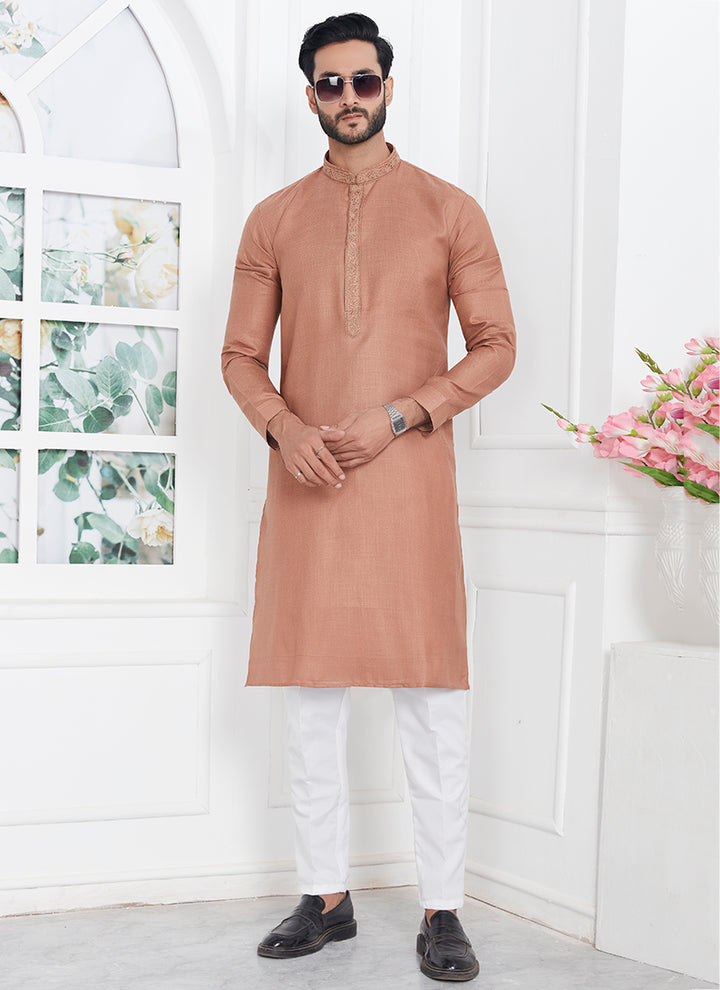 Linen Cotton Brown Traditional Wear Thread Work Kurta Pajama