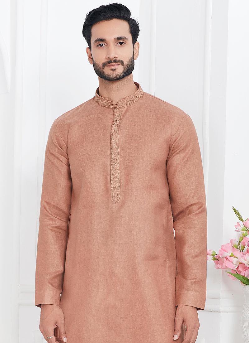 Linen Cotton Brown Traditional Wear Thread Work Kurta Pajama