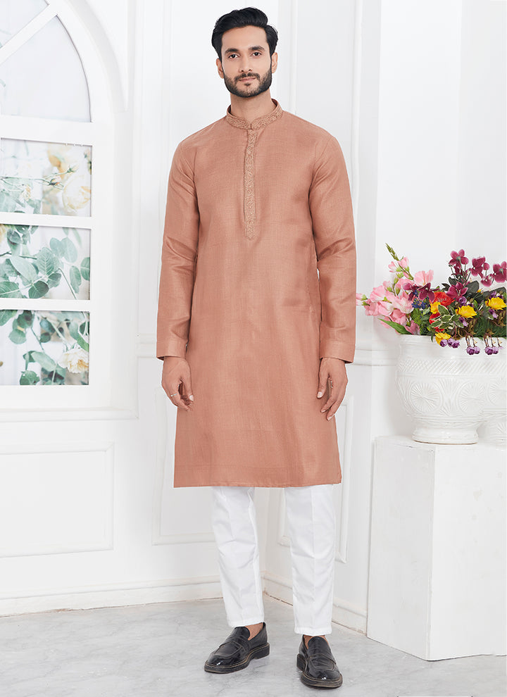 Linen Cotton Brown Traditional Wear Thread Work Kurta Pajama