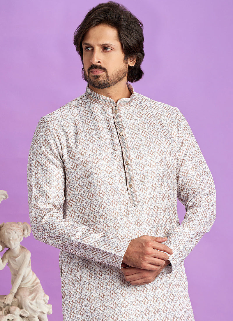 Semi Cotton Brown Traditional Wear Digital Printed Kurta Pajama