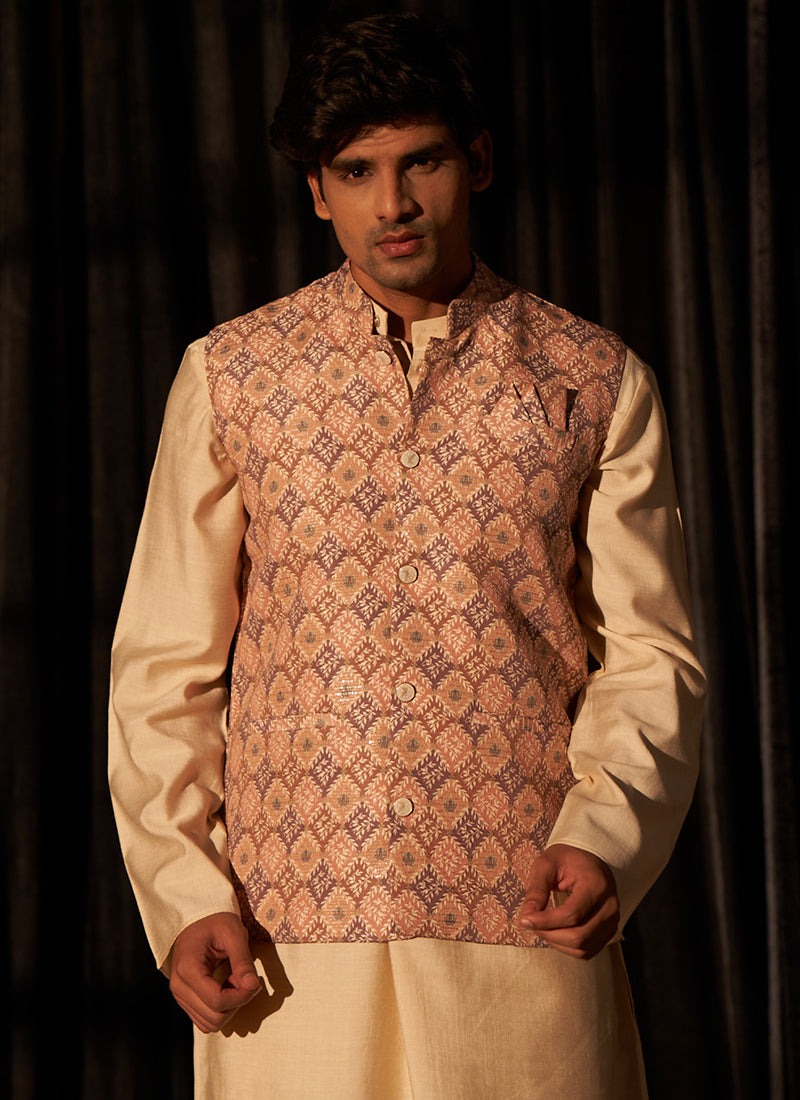 Viscose Brown Ceremonial Wear Printed Readymade Modi Jacket Kurta Pajama