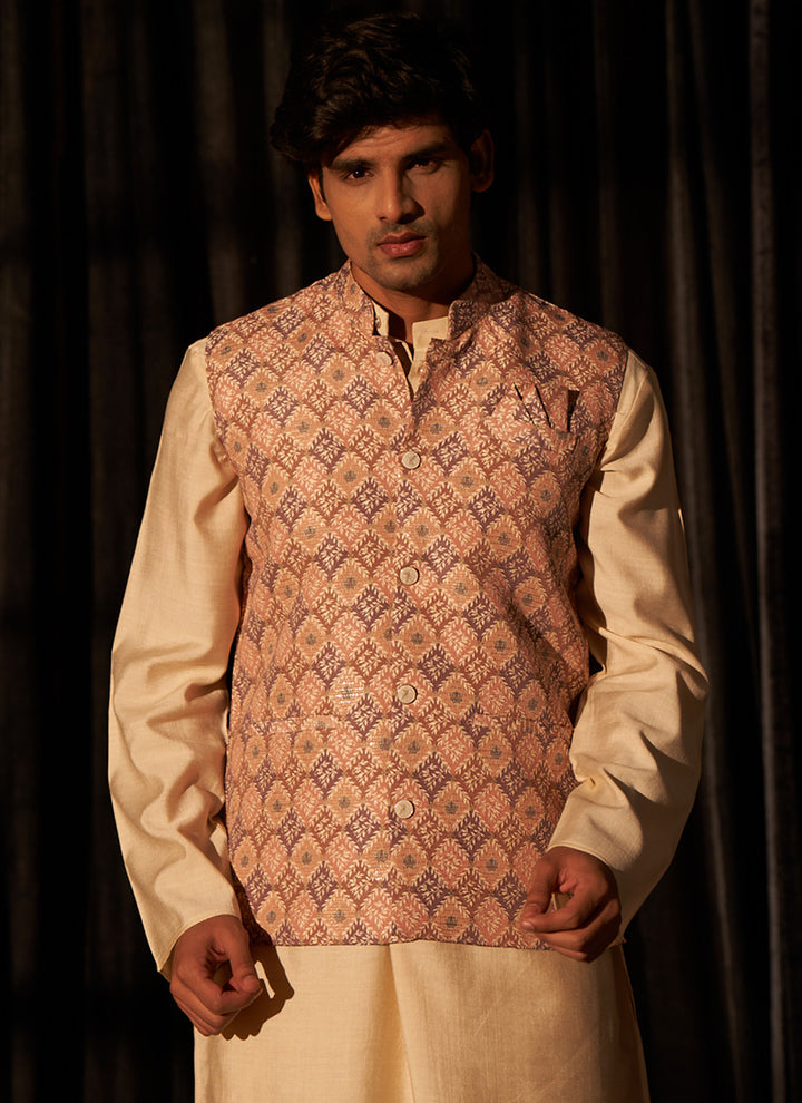 Viscose Brown Ceremonial Wear Printed Readymade Modi Jacket Kurta Pajama