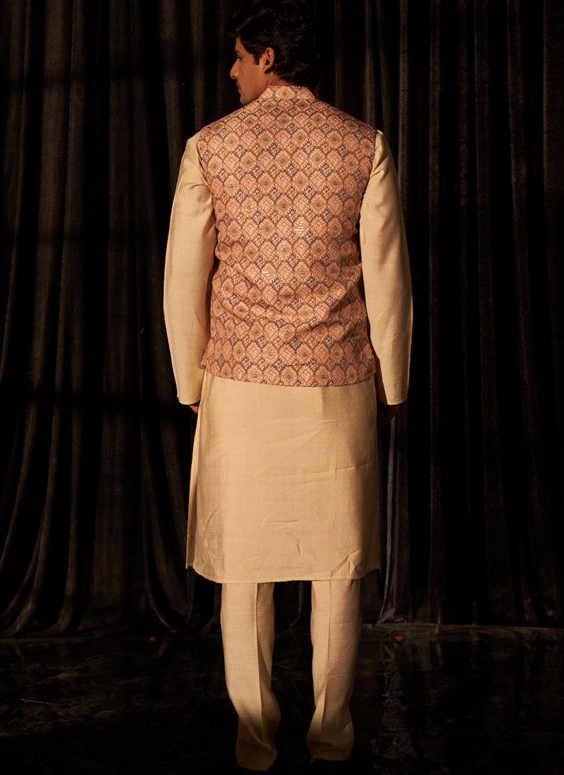 Viscose Brown Ceremonial Wear Printed Readymade Modi Jacket Kurta Pajama